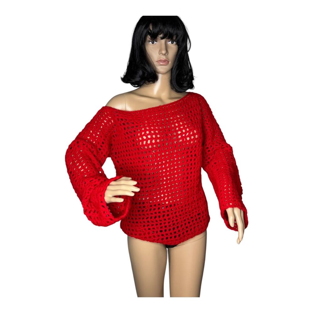 Vintage Grandma made crochet red sexy off shoulder sweater size medium
